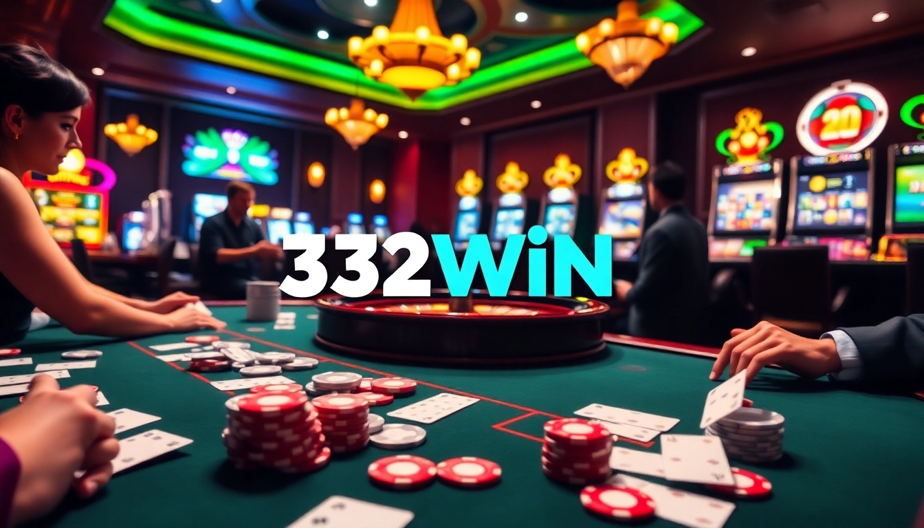 Experience thrilling gameplay at 32win com with vibrant casino visuals featuring poker chips and roulette.