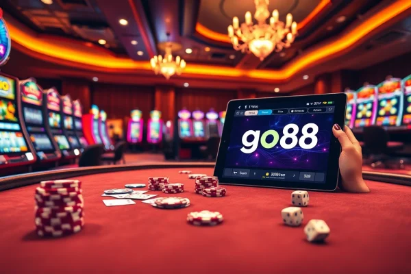 Engaging online gaming experience at https://go88.finance/ with vibrant poker chips and a stylish casino backdrop.