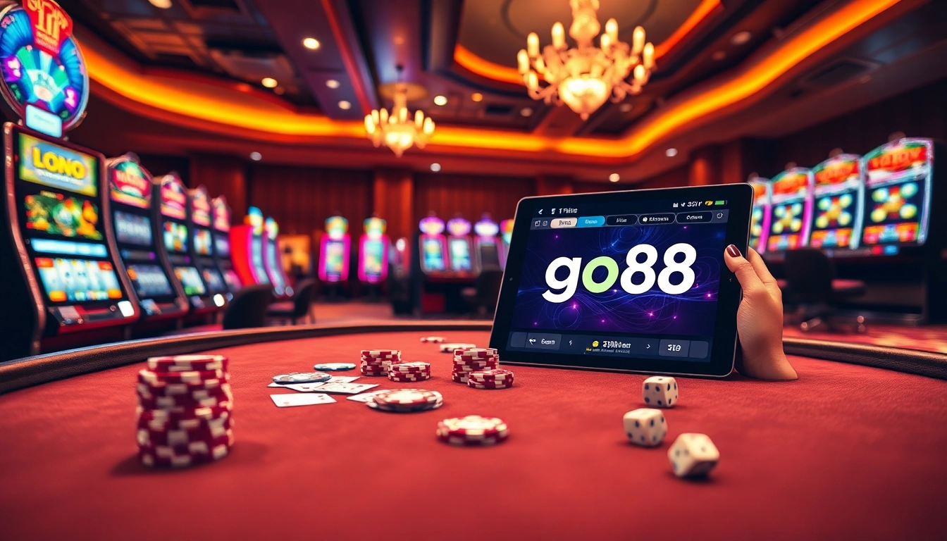 Engaging online gaming experience at https://go88.finance/ with vibrant poker chips and a stylish casino backdrop.