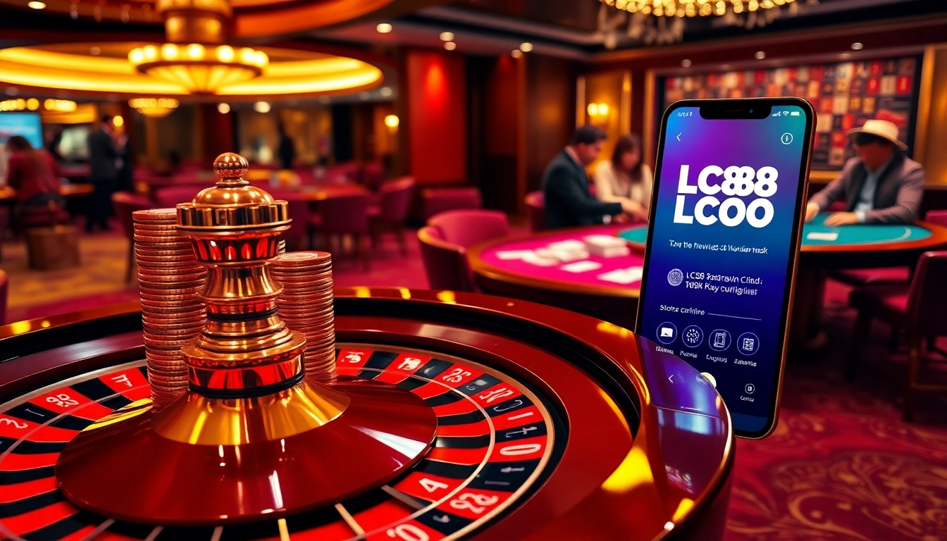 Players engaging with the lc88 apk in a luxurious casino setting, showcasing thrilling gambling activities.