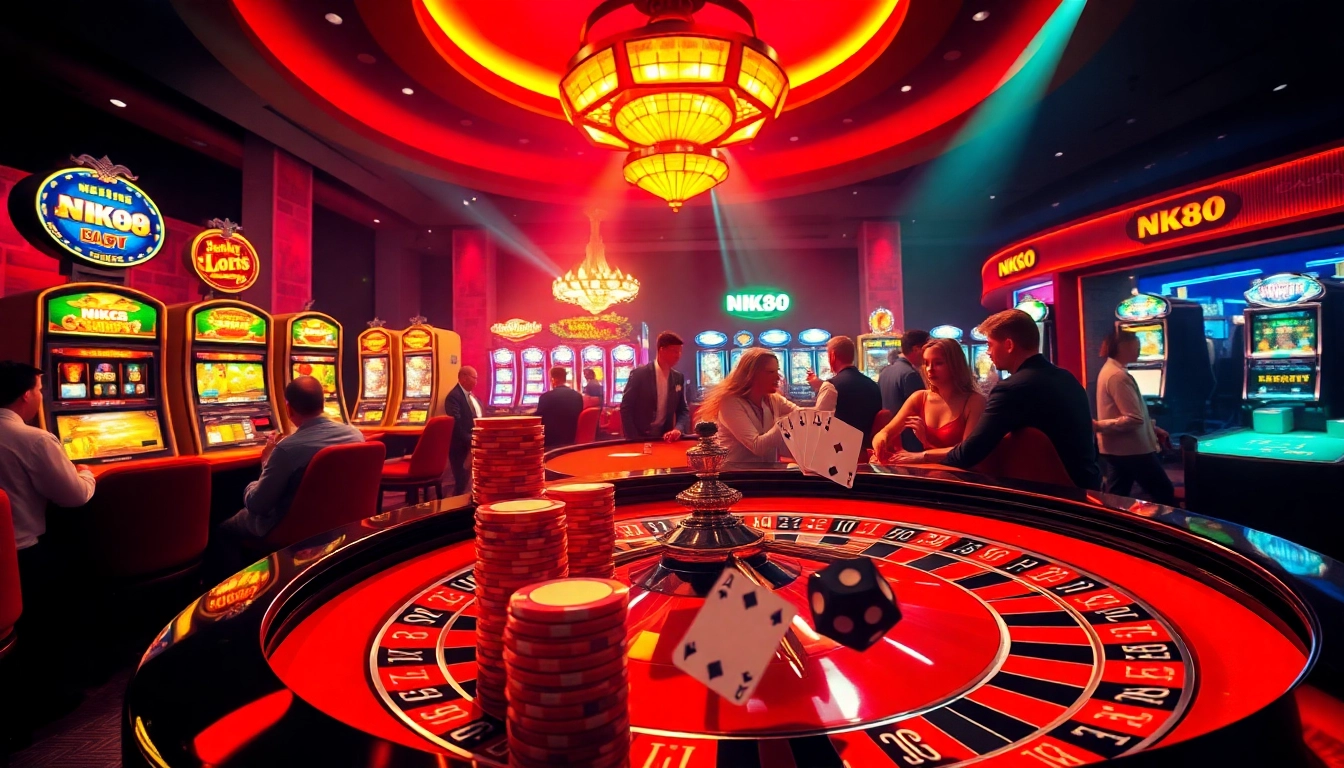 Spinning roulette wheel and vibrant casino tables at https://nk88s.net/, capturing the thrill of online gambling.