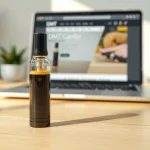 Buy DMT online through a sleek cartridge displayed in a serene shopping setting.