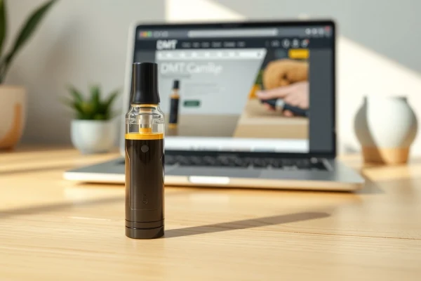 Buy DMT online through a sleek cartridge displayed in a serene shopping setting.