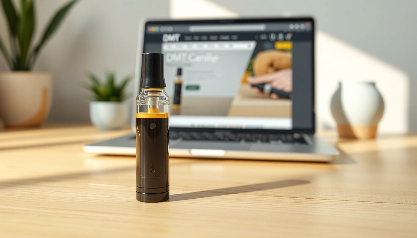 Buy DMT online through a sleek cartridge displayed in a serene shopping setting.