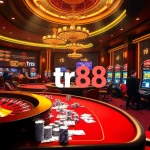 Exciting gambling scene showcasing tr88 with roulette, poker, and slot machines.