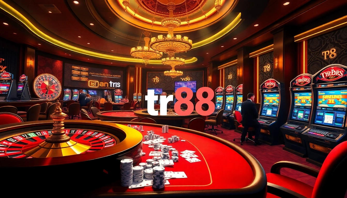 Exciting gambling scene showcasing tr88 with roulette, poker, and slot machines.