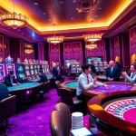 Excited players engaging in games at a luxurious fun79 casino, with vibrant slots and poker tables.