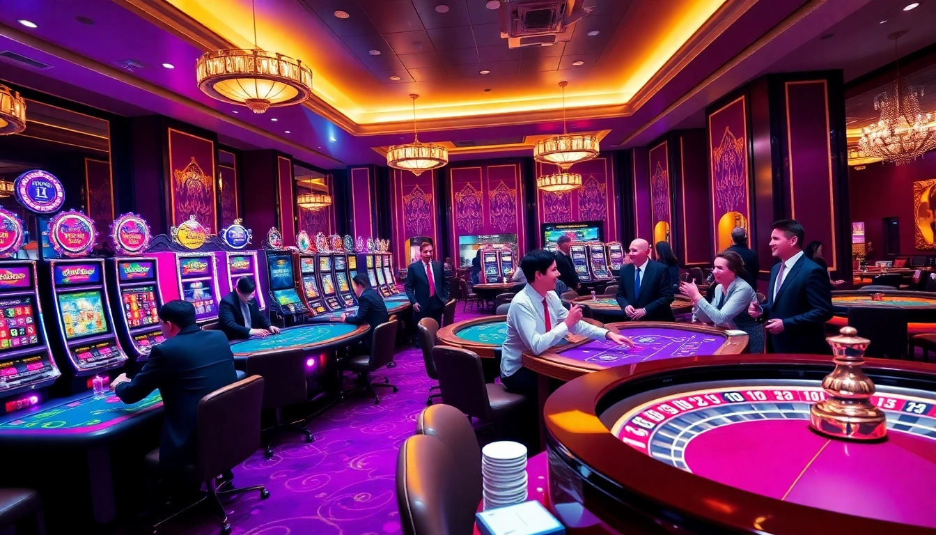 Excited players engaging in games at a luxurious fun79 casino, with vibrant slots and poker tables.