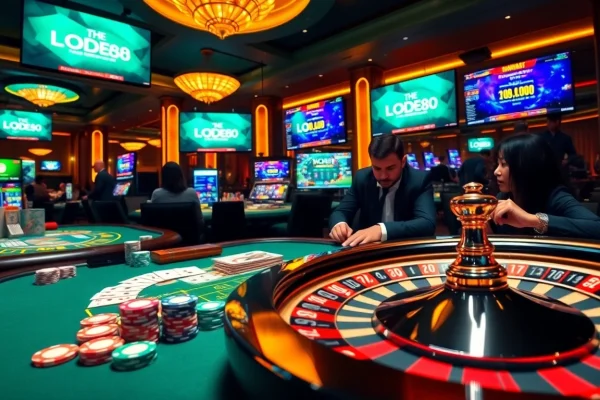 Engage in thrilling gambling action at https://lode88.auction/ with poker chips, cards, and a vibrant casino table.