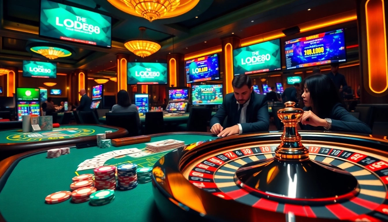 Engage in thrilling gambling action at https://lode88.auction/ with poker chips, cards, and a vibrant casino table.