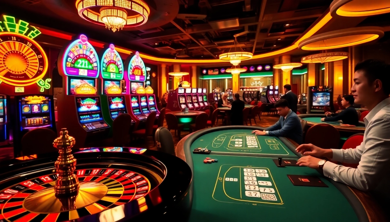 Exciting casino scene featuring ee88win.net with players at poker tables and vibrant slots.