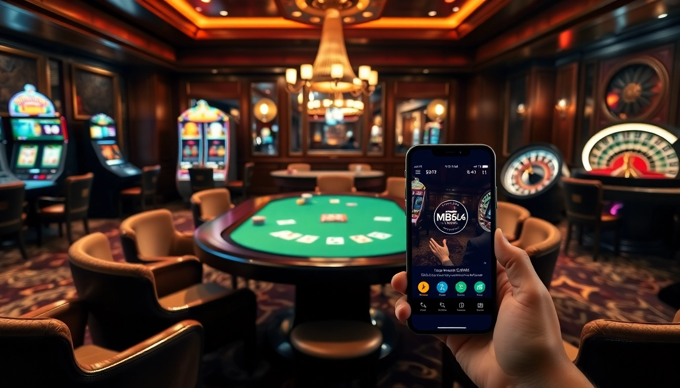 Engage with the exciting gambling scene at mb66.nyc featuring a lively poker table and vibrant slot machines.