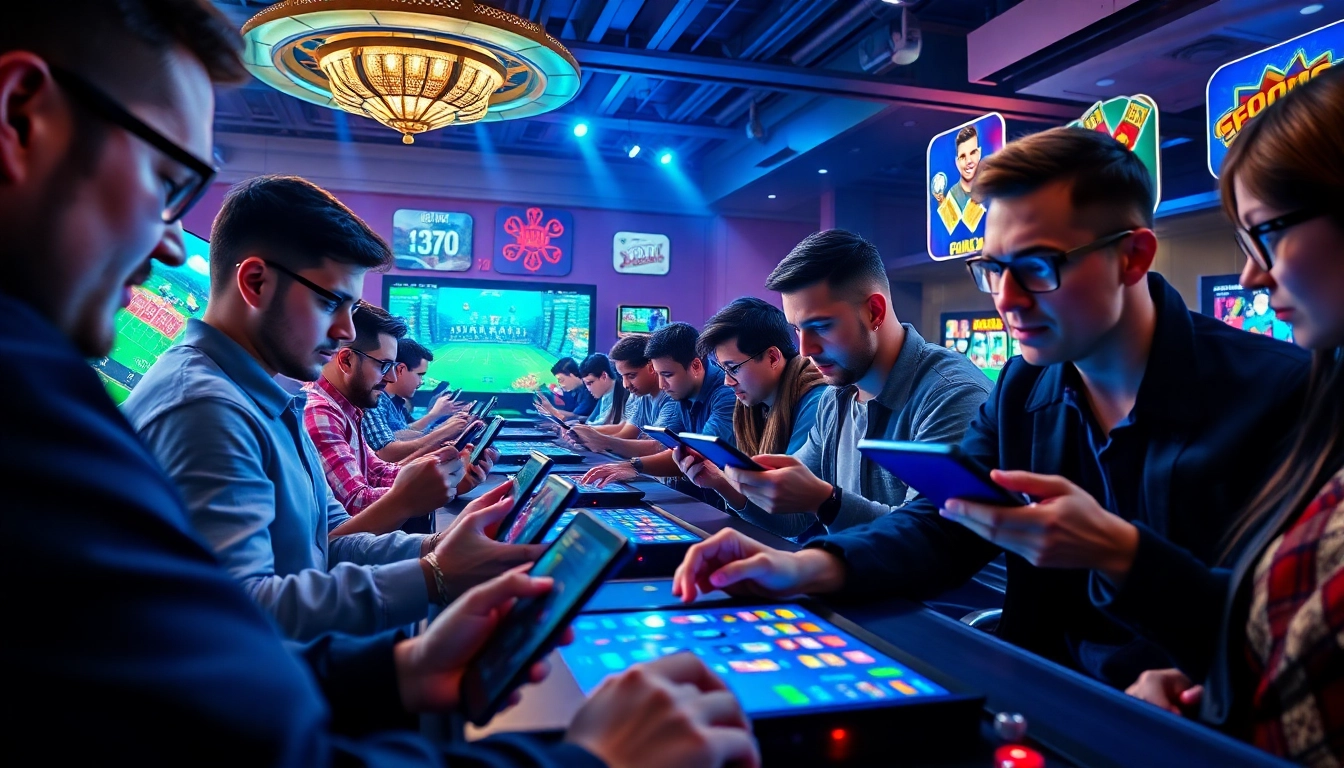 Interactive online gaming scene showcasing diverse players engaged on devices; vin777.gb.net.