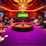 Experience thrilling gameplay at Jun88 with an exciting casino scene showcasing roulette and poker.