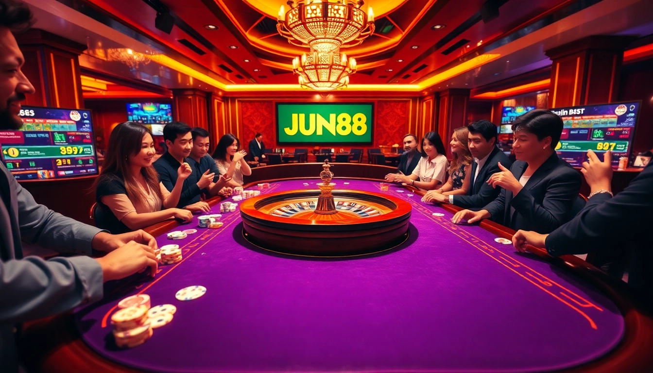 Experience thrilling gameplay at Jun88 with an exciting casino scene showcasing roulette and poker.