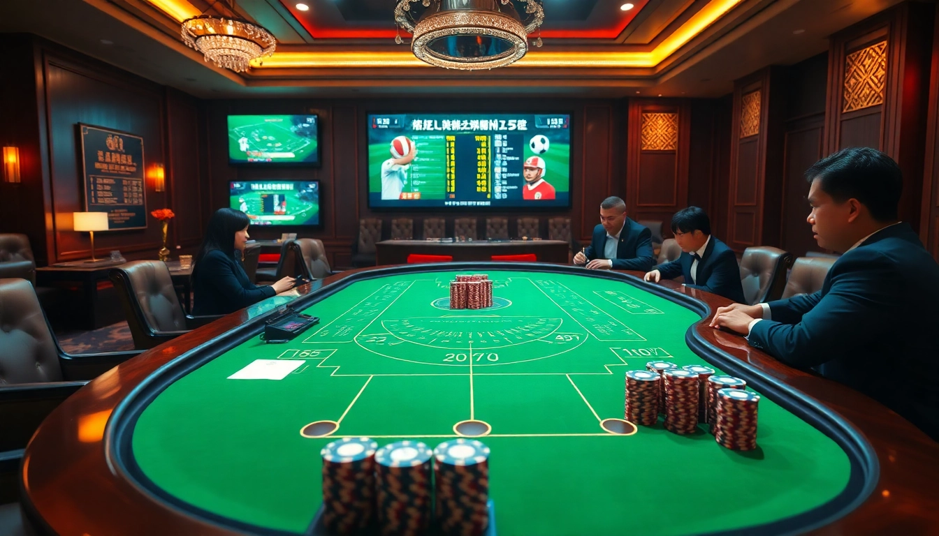 Engaged players analyze tỷ lệ bóng đá kèo nhà cái at a luxurious casino betting table.
